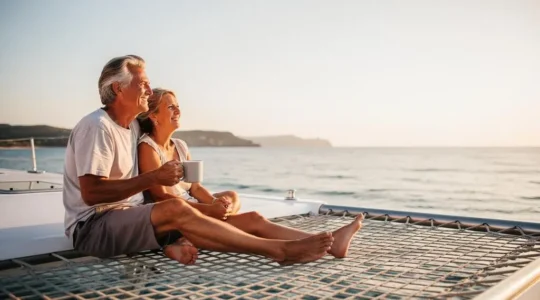 Couple profitant d'un moment authentique et paisible sur le pont d'un catamaran au coucher du soleil, loin des promesses marketing