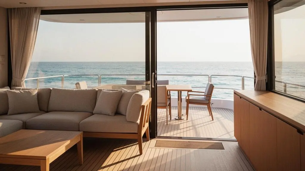 Vue large d'un catamaran de croisière dont le salon et le cockpit ouverts sur la mer évoquent un espace de vie aussi vaste qu'un appartement