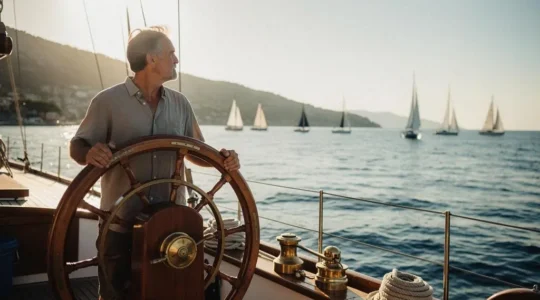 Un skipper expérimenté à la barre d'un voilier, regardant l'horizon vers une côte rocheuse baignée de lumière dorée