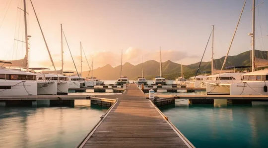 Voilier amarré au ponton d'une marina tropicale des Antilles au lever du soleil, symbolisant le choix d'une base de départ