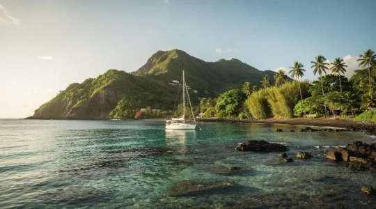 Voilier au mouillage dans une baie turquoise de la Martinique avec un relief volcanique verdoyant en arrière-plan