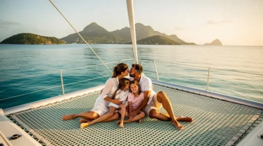 Famille profitant d'une croisière en catamaran dans les eaux turquoise des Antilles au coucher du soleil
