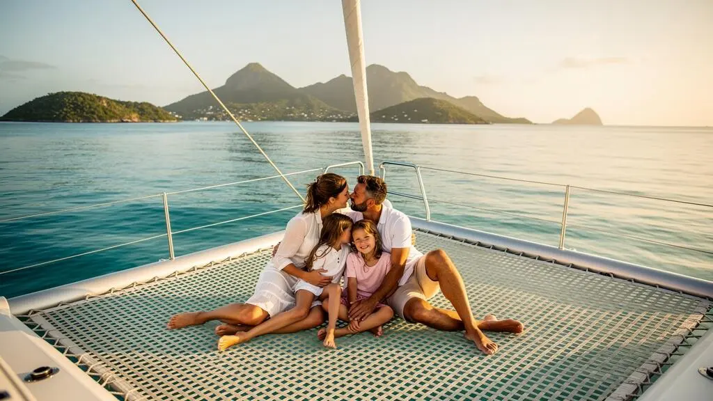 Famille profitant d'une croisière en catamaran dans les eaux turquoise des Antilles au coucher du soleil