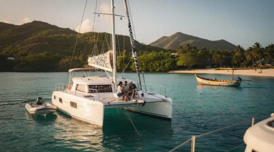 Voilier au mouillage dans une baie tropicale calme et turquoise, ambiance familiale de vacances à la voile en Martinique