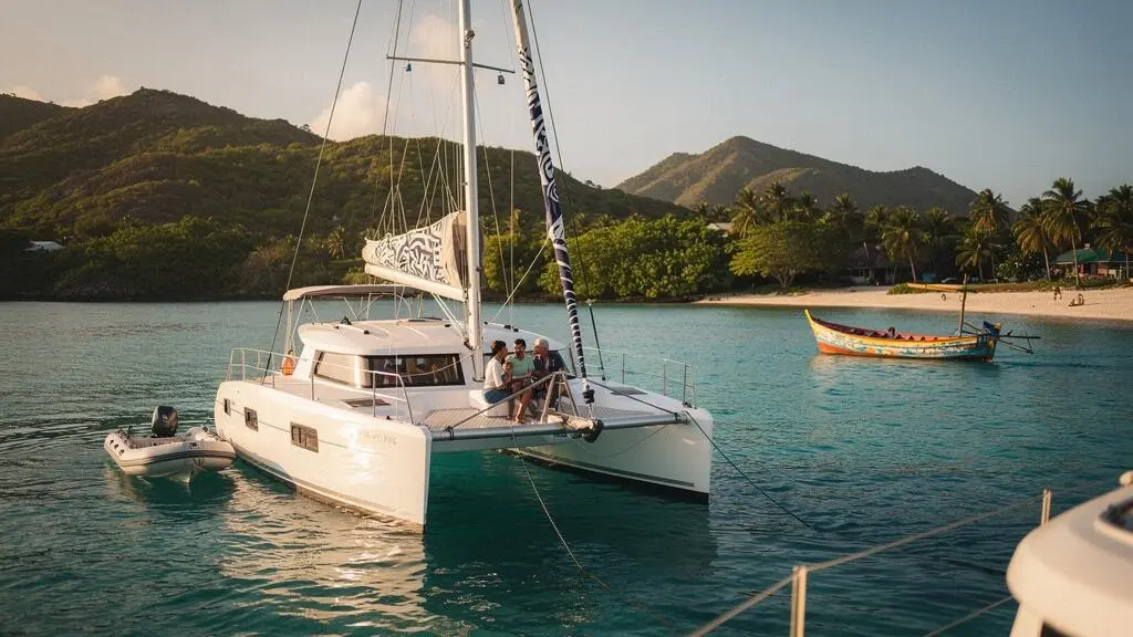 Voilier au mouillage dans une baie tropicale calme et turquoise, ambiance familiale de vacances à la voile en Martinique