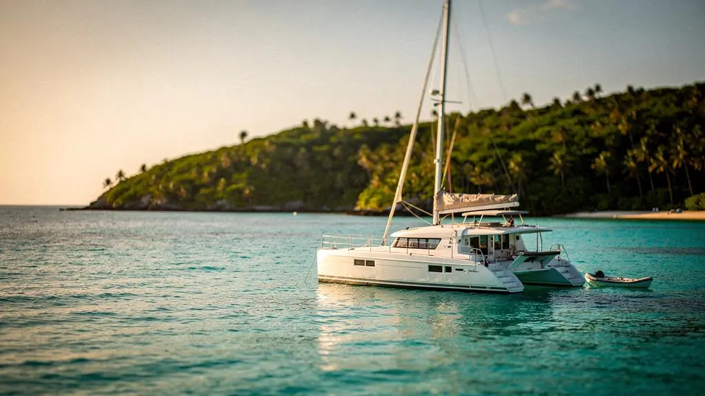 Catamaran ancré seul dans une baie turquoise des Antilles au coucher du soleil, alternative à l'hôtel classique