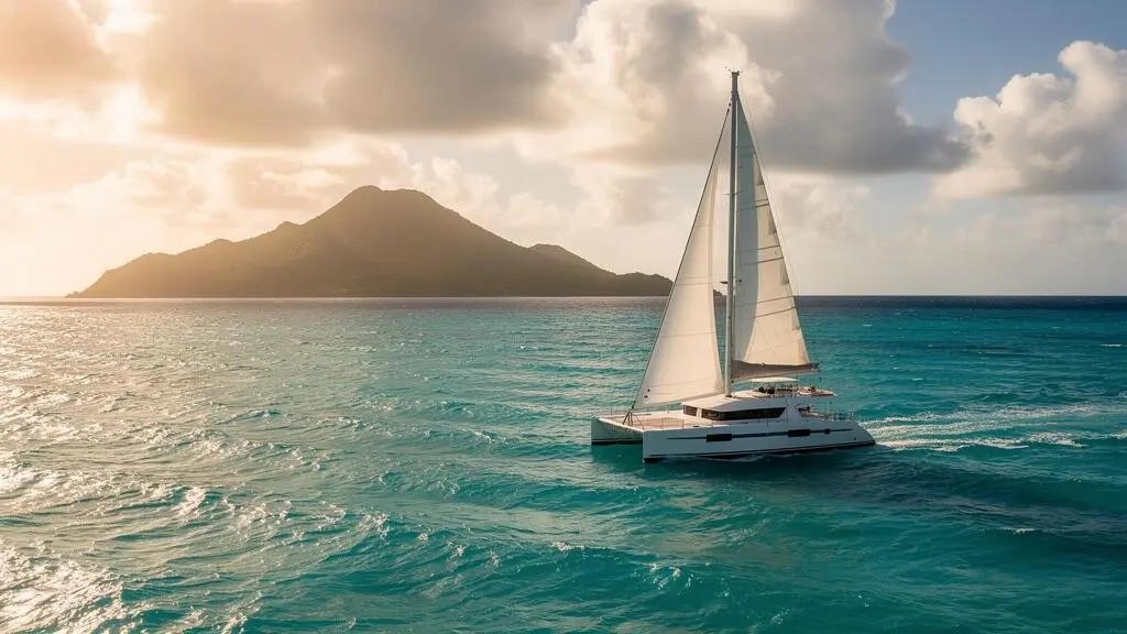 Voilier catamaran voguant sous alizés réguliers dans une mer des Caraïbes calme et lumineuse, symbole du bon timing pour une croisière sans cyclone