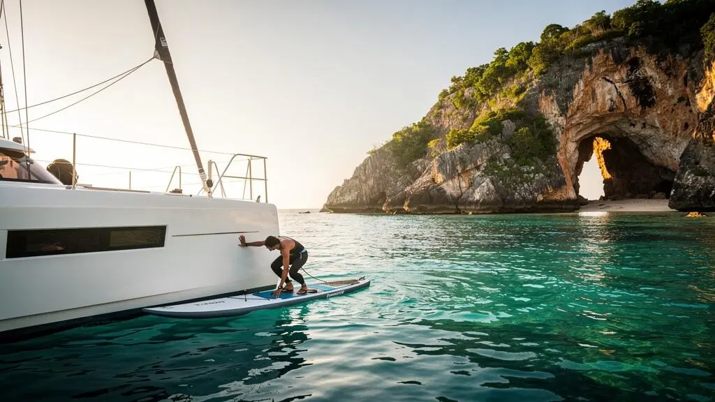 Un stand-up paddle amarré près d'un catamaran ancré au large d'une côte rocheuse tropicale, prêt pour l'exploration