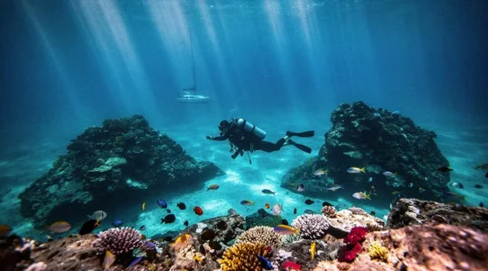 Plongeur explorant les eaux turquoise des îlets Pigeon dans la Réserve Cousteau en Guadeloupe