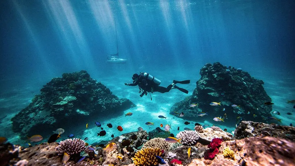 Plongeur explorant les eaux turquoise des îlets Pigeon dans la Réserve Cousteau en Guadeloupe