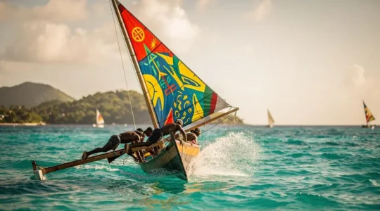 Équipage antillais naviguant en pleine gîte sur une embarcation traditionnelle à voile colorée, mer turquoise des Caraïbes