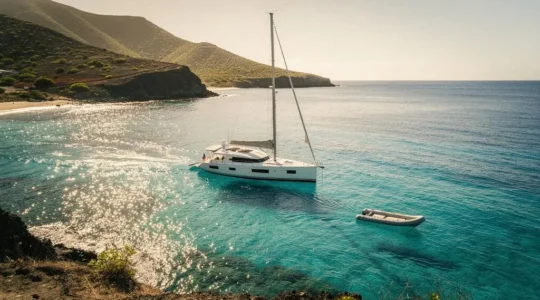Voilier de luxe ancré dans une baie turquoise de Saint-Barthélemy au coucher du soleil, symbole du yachting d'exception