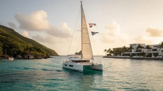 Catamaran voguant dans un lagon turquoise entre deux rivages contrastés symbolisant la double culture de Saint-Martin