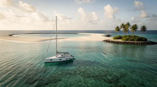 Voilier au mouillage dans le lagon turquoise des Tobago Cays entouré de sable blanc et de cocotiers