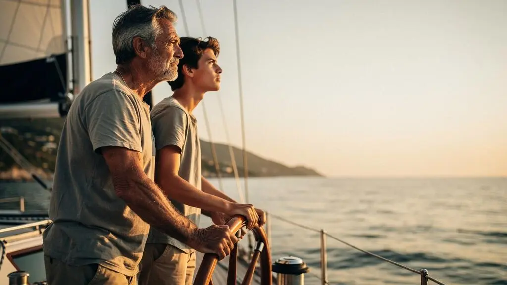 Un skipper professionnel guide la main d'un équipier sur la barre d'un voilier au coucher du soleil, symbolisant la transformation d'une location en formation nautique