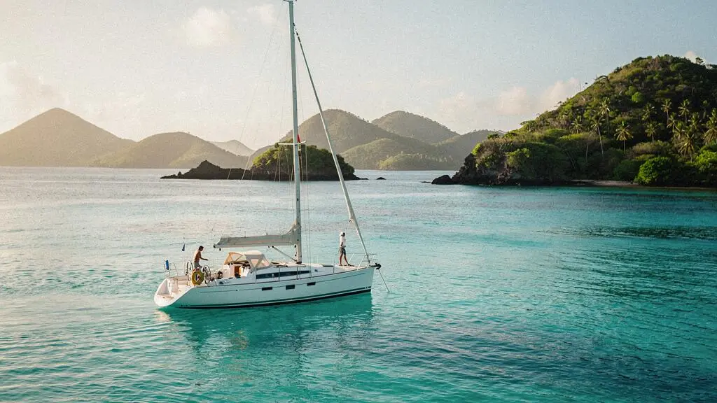 Voilier au mouillage dans une baie turquoise de Guadeloupe avec les îlets en arrière-plan