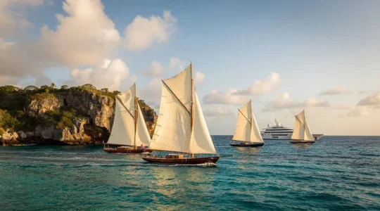 Flotte de voiliers classiques aux voiles crème régatant sur les eaux turquoise de Saint-Barthélemy au coucher du soleil