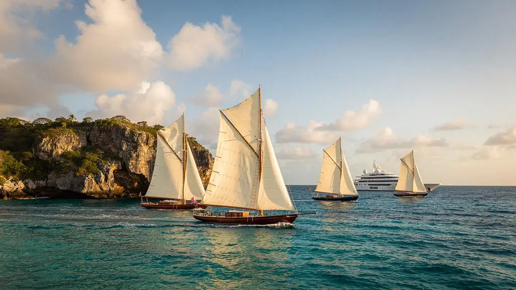 Flotte de voiliers classiques aux voiles crème régatant sur les eaux turquoise de Saint-Barthélemy au coucher du soleil