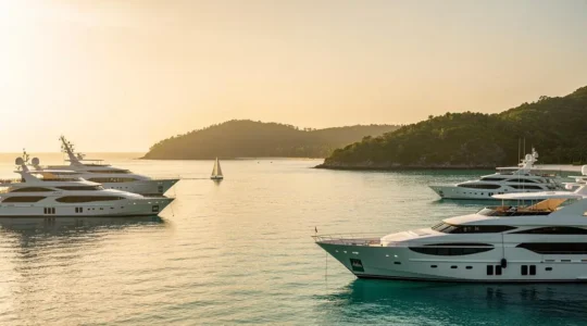 Superyachts au mouillage dans une baie turquoise des Antilles au coucher du soleil