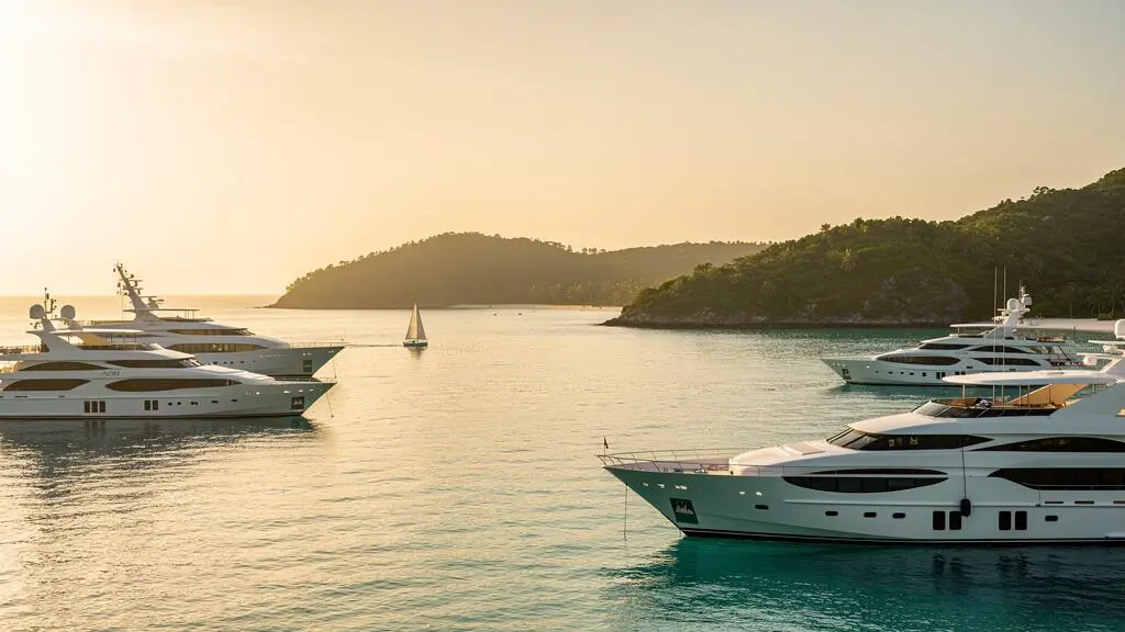 Superyachts au mouillage dans une baie turquoise des Antilles au coucher du soleil